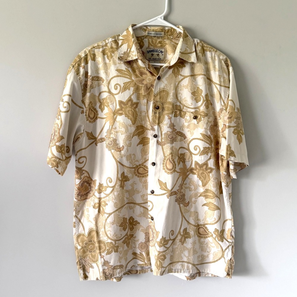 VTG Bamboo Cay Fine Resortwear Mens 100% Cotton Sateen Cabana‎ Shirt Cream Tan M